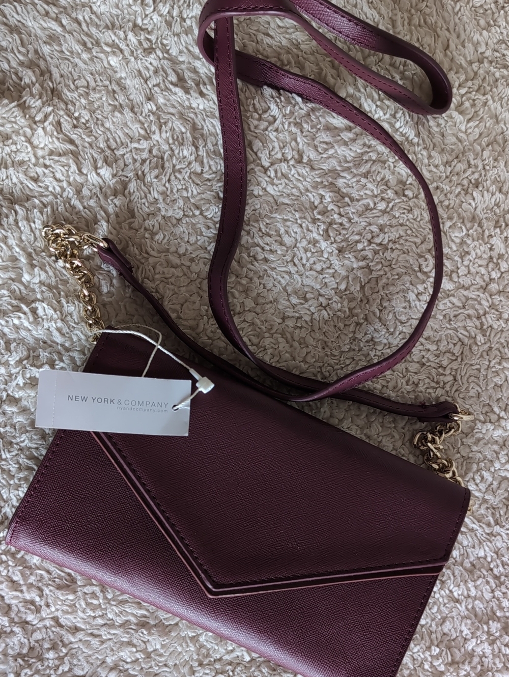 New York & Company Wine Saffiano Crossbody with Gold Chain